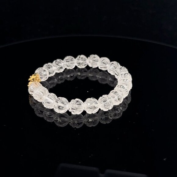 18K Gold Dragon Pixiu Piyao Bracelet Gemstones Clear Quartz Carved Lotus 7.5mm - Picture 5 of 6